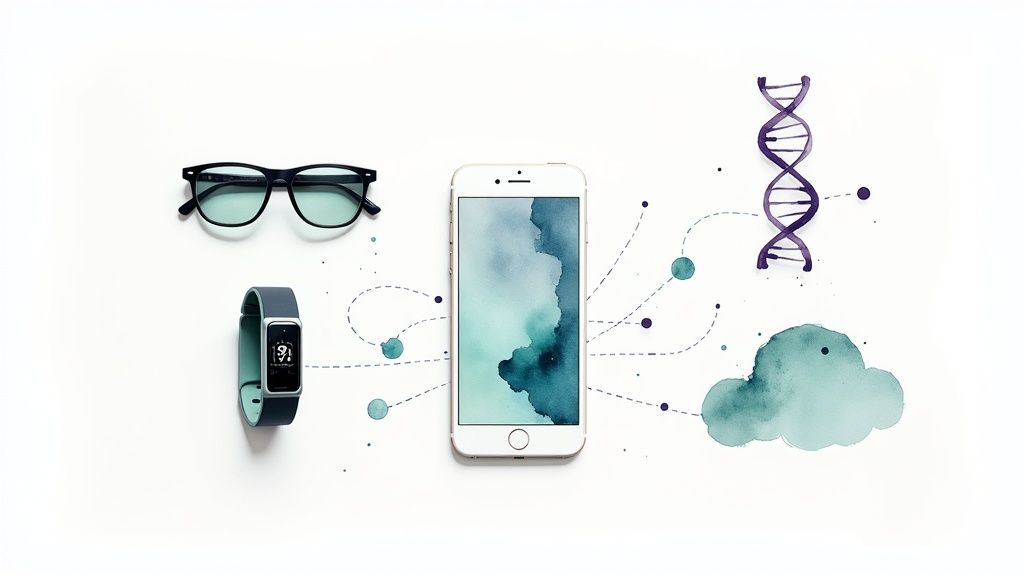 A futuristic interface showing health data with augmented reality elements, representing the future of mHealth