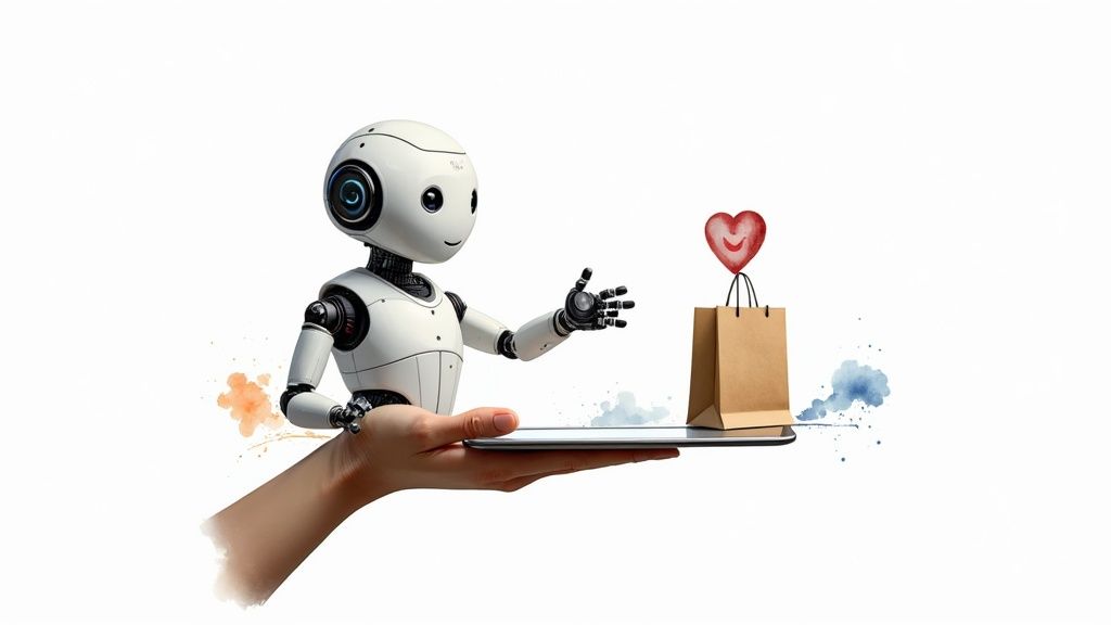 An AI chatbot interface on a tablet showing personalized product recommendations to a customer.