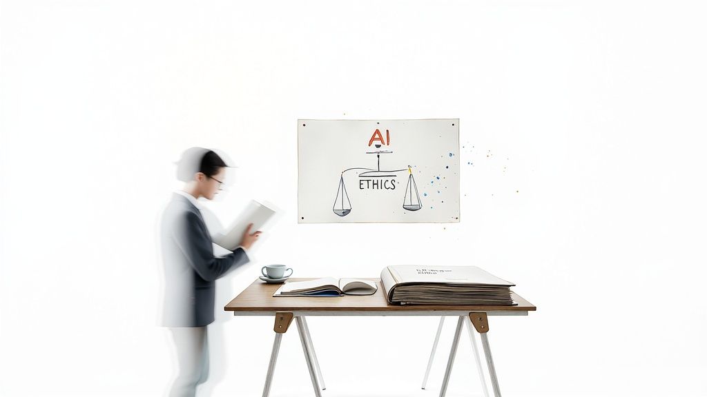 A motion-blurred person reads a book near a desk with coffee and an "AI Ethics" sign.