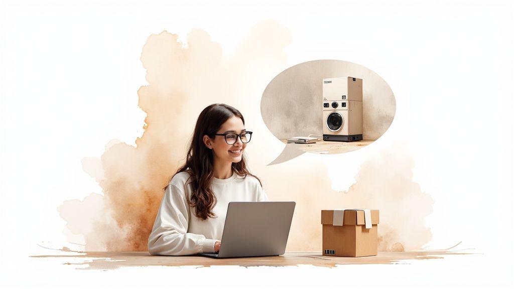 A person interacting with an AI chatbot on their smartphone in front of a laptop showing ecommerce analytics.