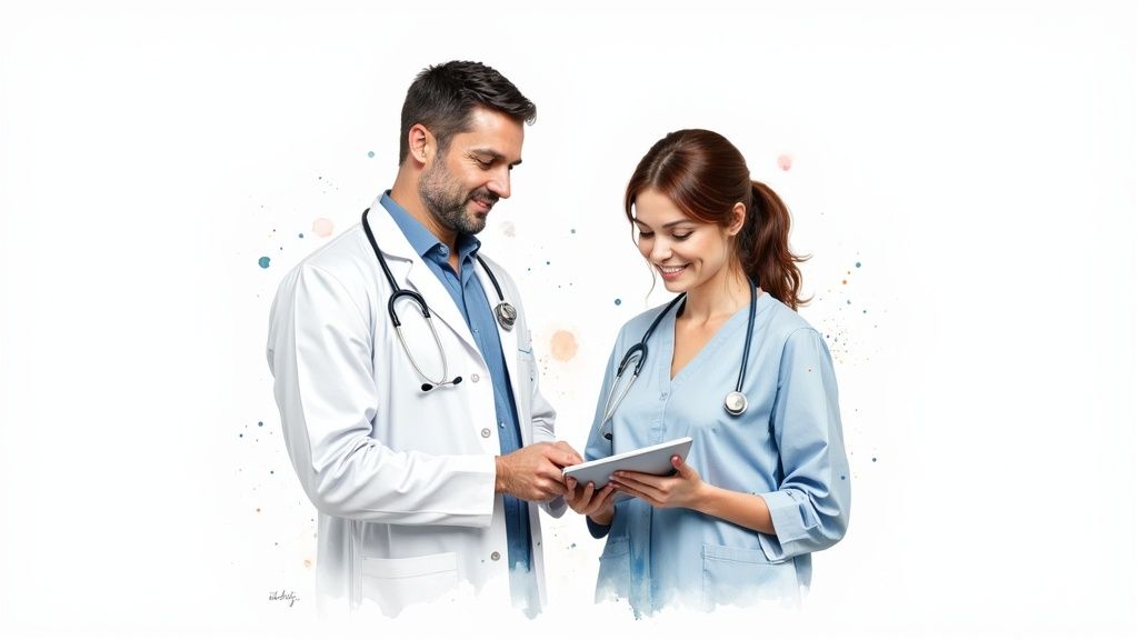 Two smiling medical professionals, a doctor and a nurse, looking at a digital tablet together.