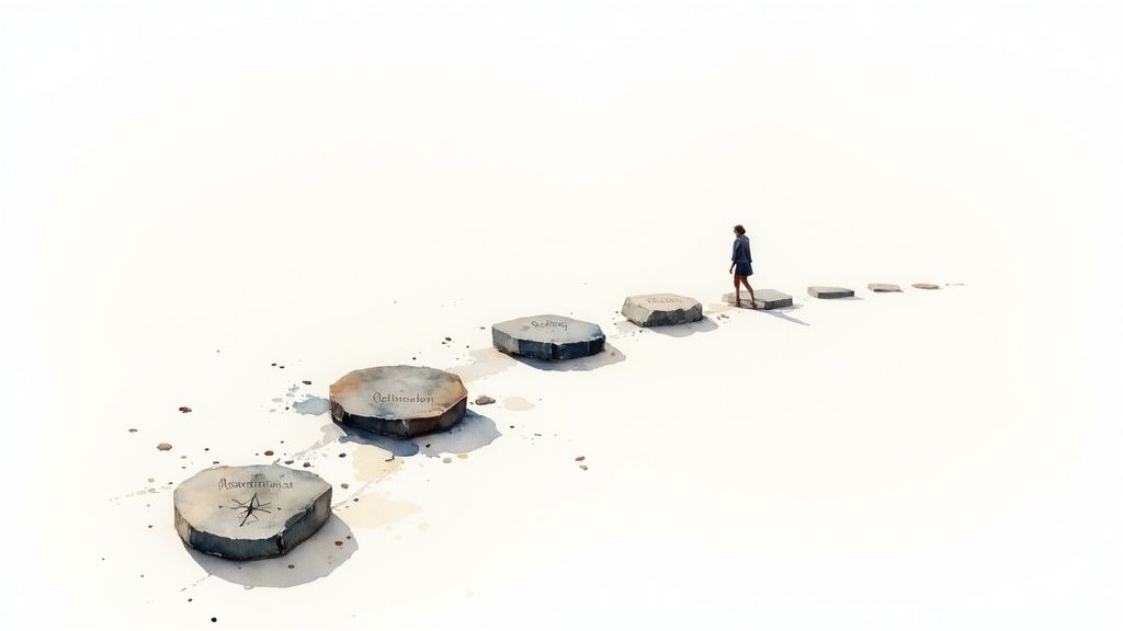 A person walks on stepping stones with words like 'destination' and 'feeling' on a white background, symbolizing a journey.