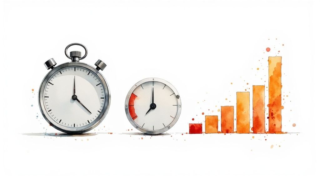 Watercolor illustration of clocks and a rising bar chart, symbolizing time management and progress.
