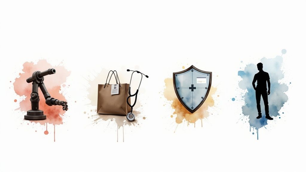 Four watercolor illustrations showing robotics, healthcare bag with stethoscope, medical shield, and human silhouette