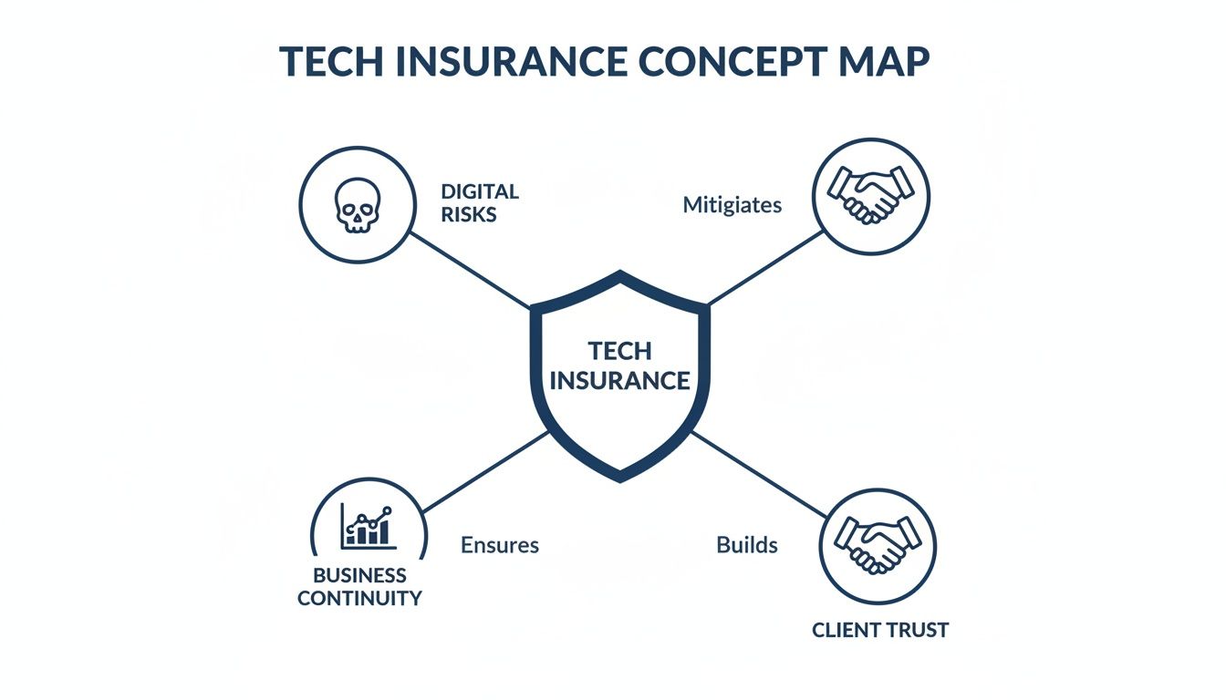 A concept map showing tech insurance benefits: mitigating digital risks, ensuring business continuity, and building client trust.