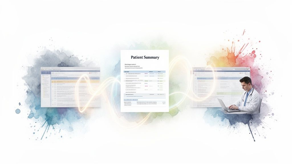 A doctor reviews integrated patient data, flowing seamlessly between multiple healthcare software systems.