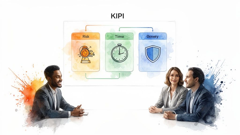 Three business professionals discuss a diagram outlining Risk, Time, and Oonery concepts.