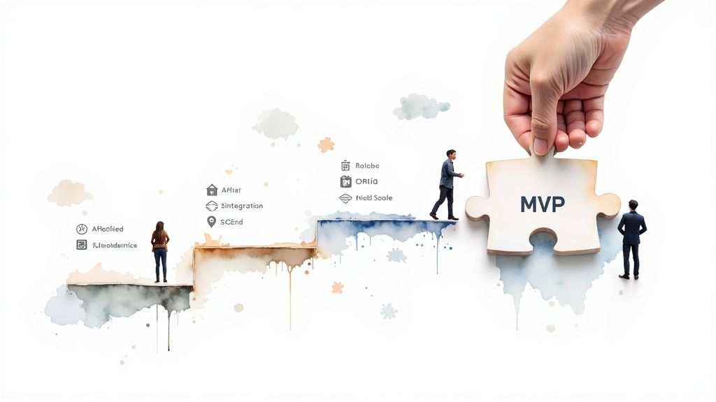 Hand placing MVP puzzle piece connecting business tools and platforms for integration