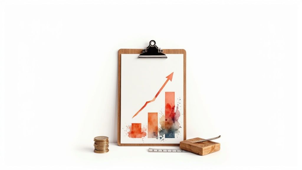 A clipboard displays a watercolor growth chart with an upward arrow, alongside stacked coins and a measuring tool.