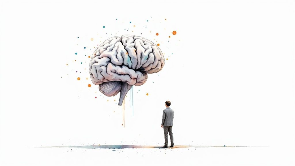 AI in the Insurance Industry : A man in a suit gazes up at a large, artistic illustration of a floating human brain.
