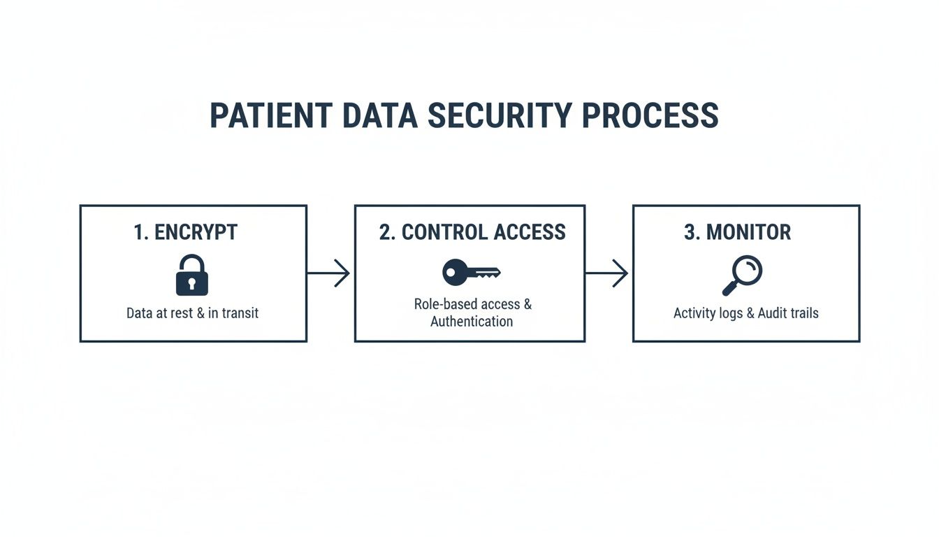 A flowchart outlining the three steps of patient data security: encrypt, control access, and monitor.