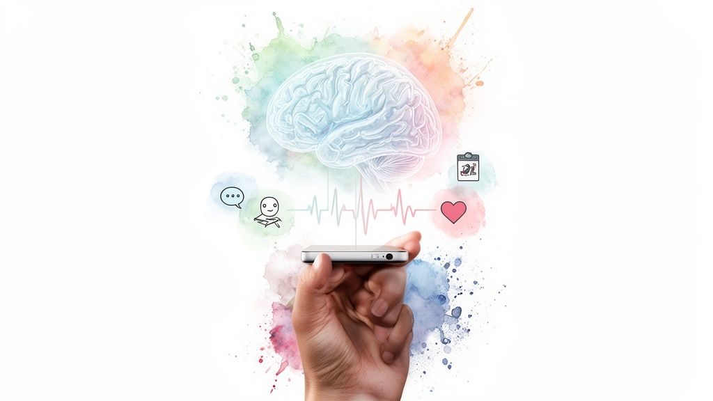 A hand holds a smartphone connected to a brain and various health/well-being icons with colorful splashes.