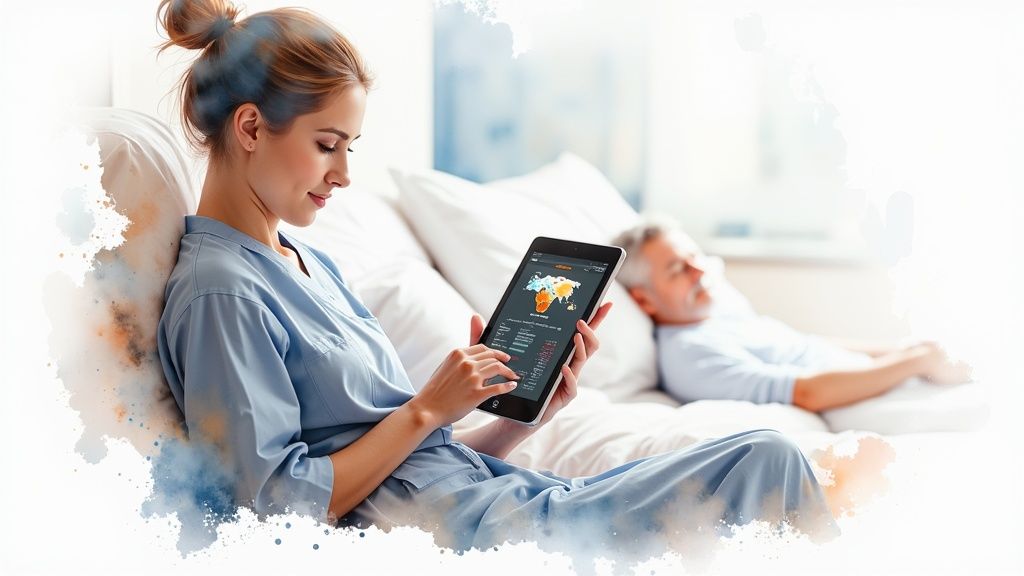 A doctor and nurse review patient data on a tablet in a modern hospital setting.