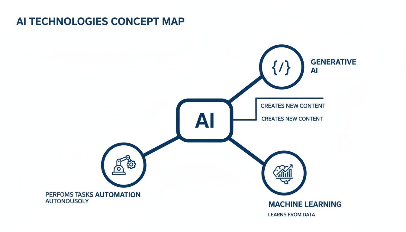 An AI technologies concept map illustrating Generative AI, Automation, and Machine Learning branches with descriptions.