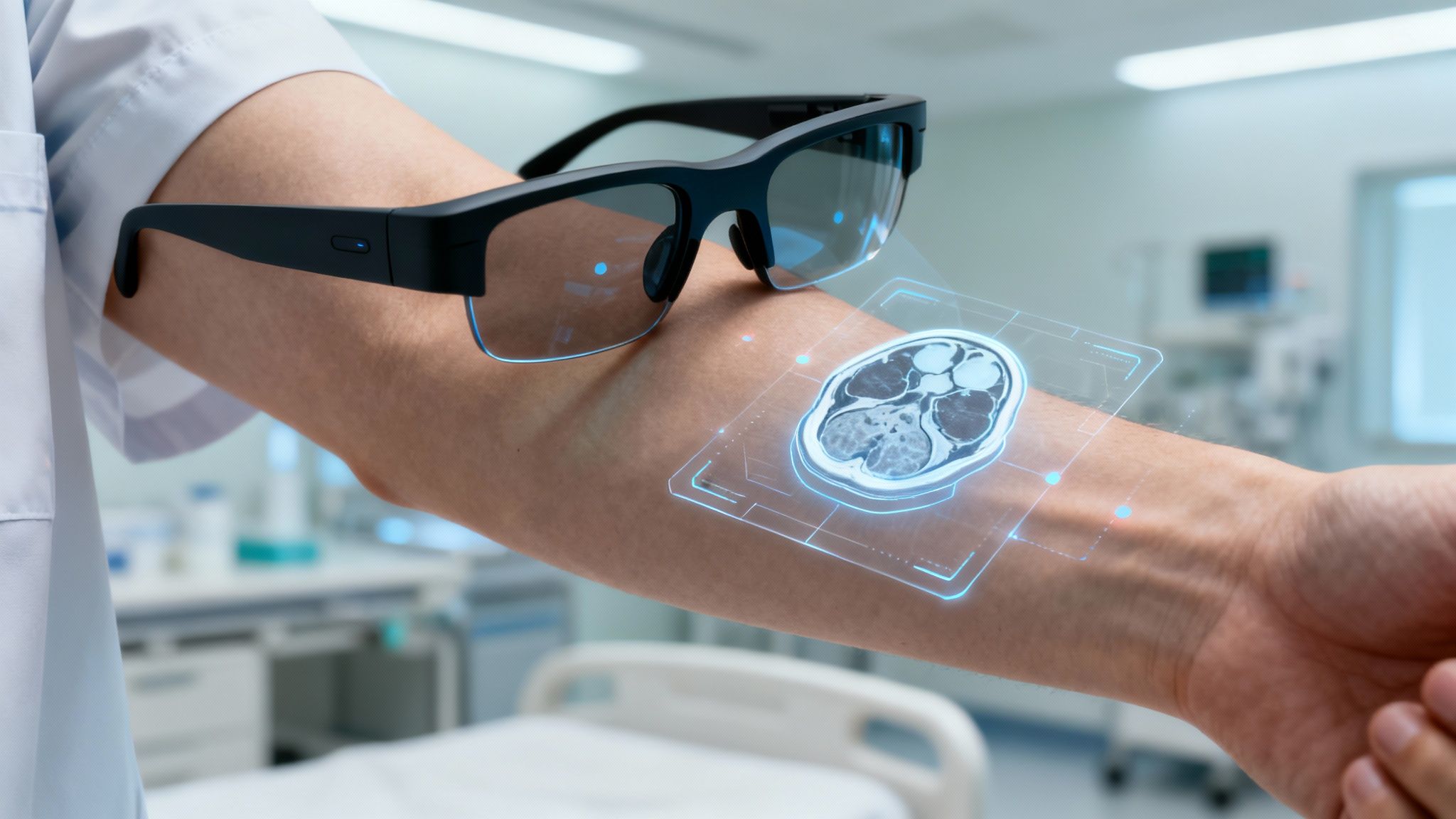 A surgeon using augmented reality glasses to visualize patient data during an operation.