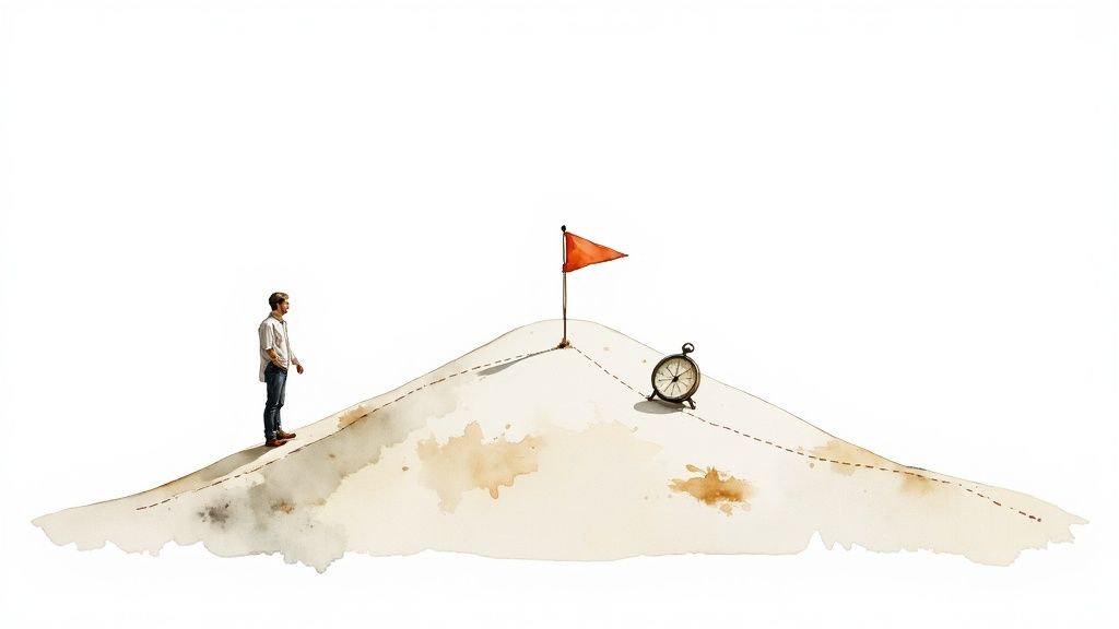 Watercolor art of a man climbing a hill towards an orange flag and an antique clock.