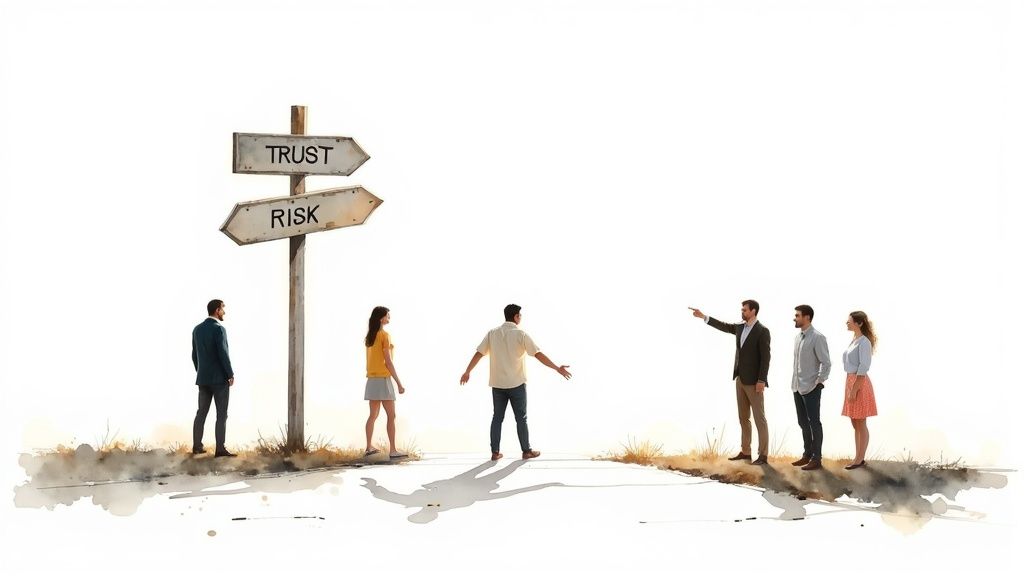 A Practical Guide to Responsible AI Principles - People at a crossroads with a signpost pointing to 'Trust' and 'Risk', illustrating a decision.