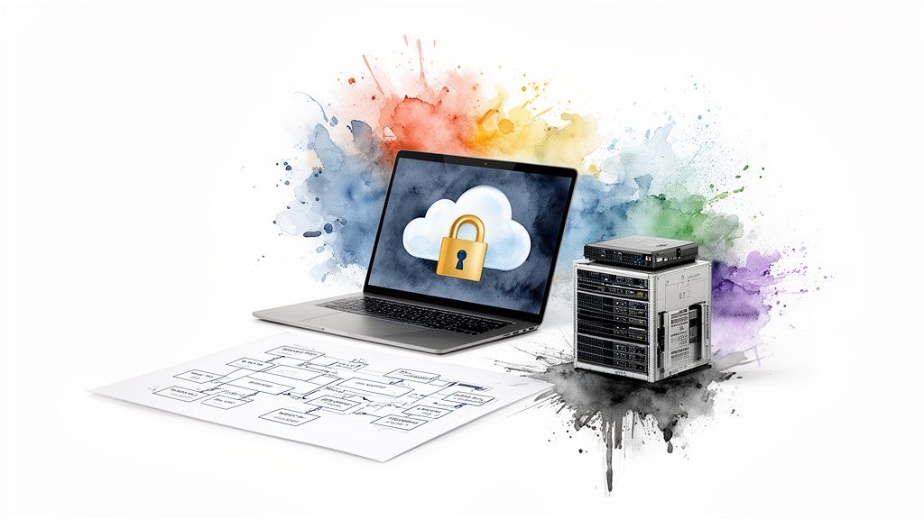 Laptop displaying secure cloud, alongside servers and development diagram for IT security.