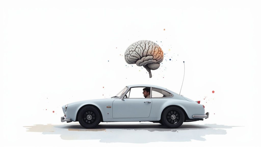 Conceptual illustration of human brain floating above vintage car representing artificial intelligence in automotive insurance