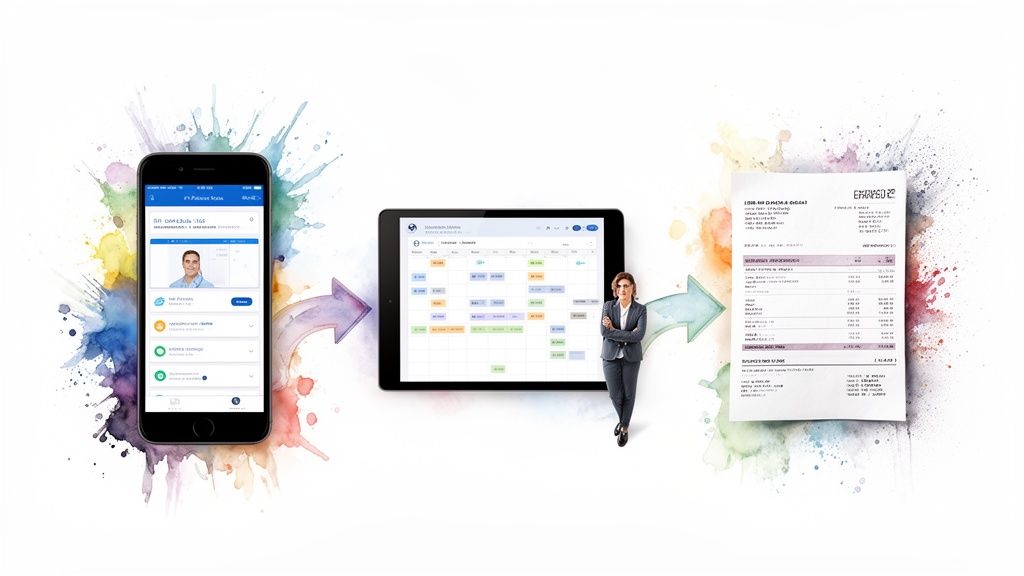 Medical practice management workflow with mobile app, scheduling tablet, and financial report document.