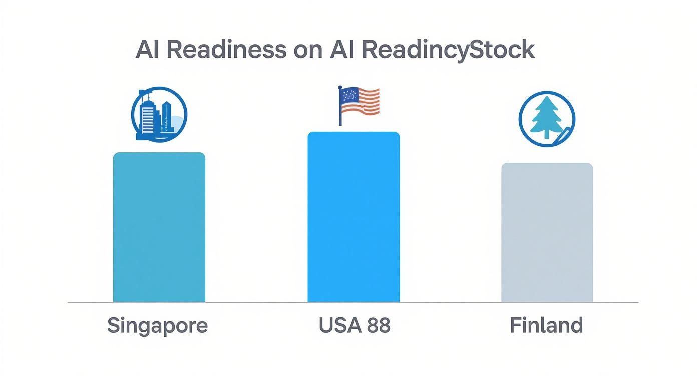 Bar chart illustrating AI Readiness scores for Singapore, USA, and Finland, showing USA with the highest readiness.