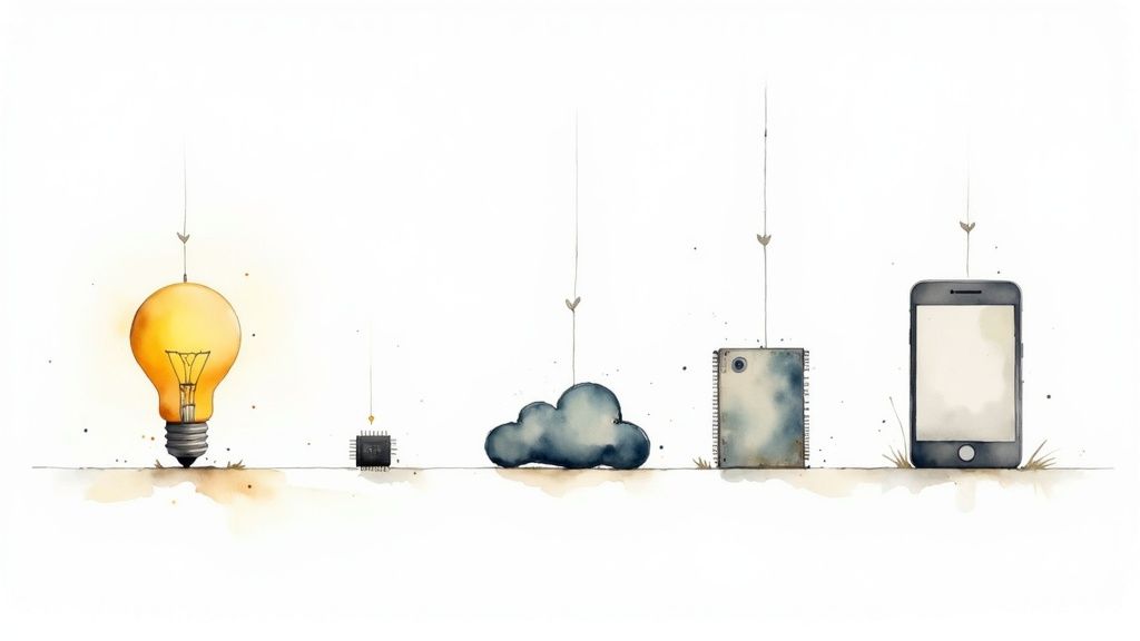 A watercolor illustration depicting the evolution of IoT from a lightbulb idea to a smartphone.