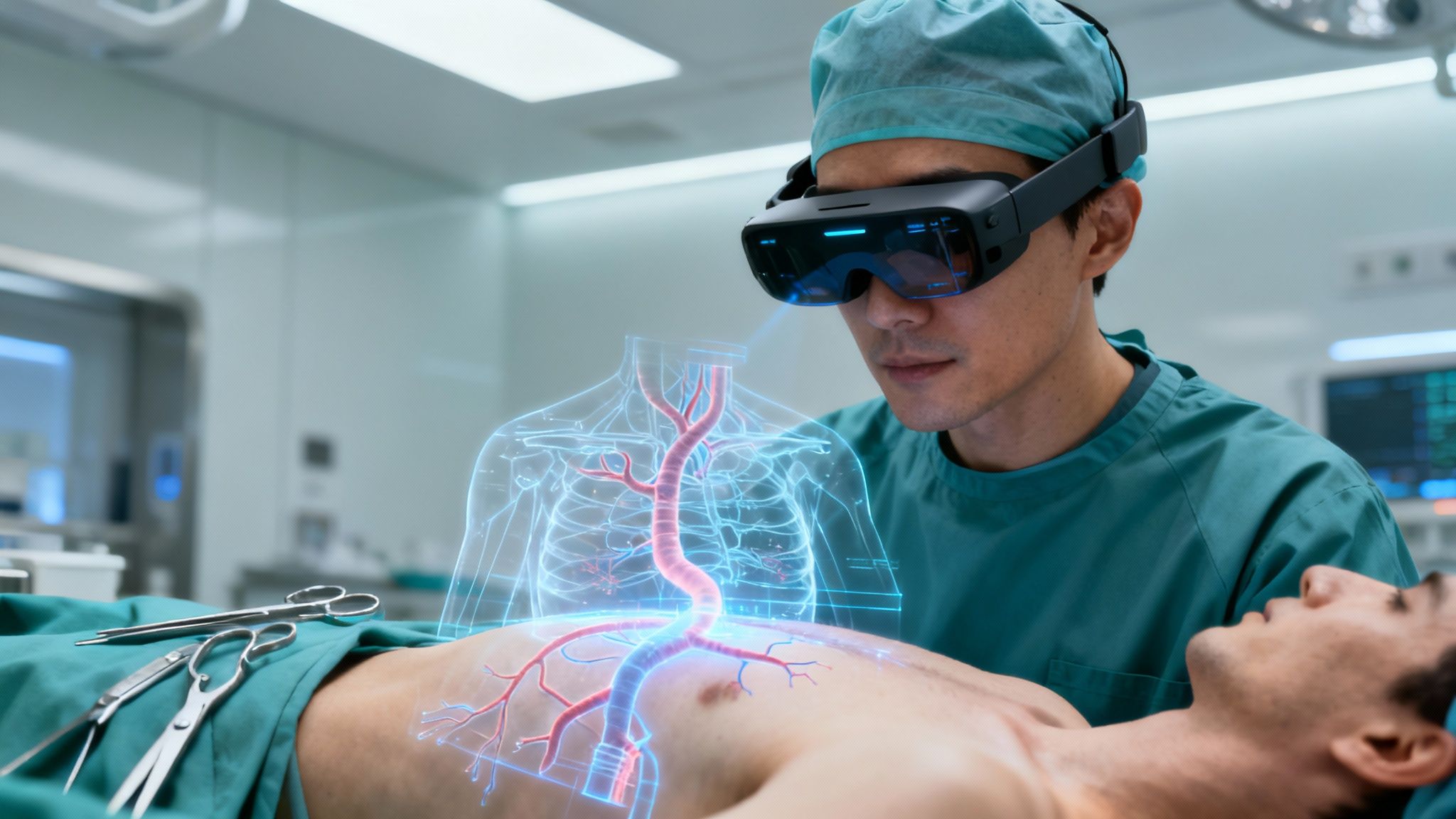 A doctor using augmented reality in a futuristic medical setting, viewing a holographic representation of a human organ.