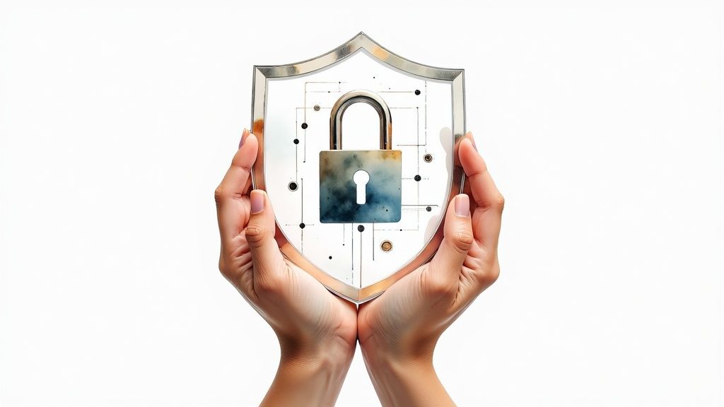 A digital lock superimposed over a medical record, symbolizing the security and trust required in healthcare software.