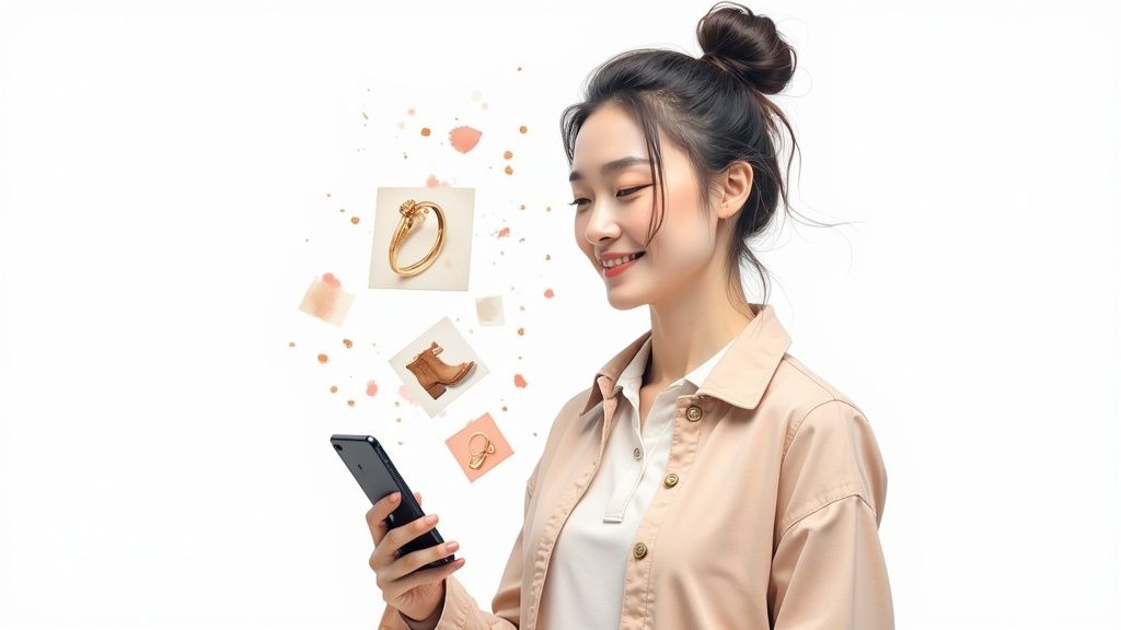Smiling Asian woman uses a smartphone for online shopping, with product images like jewelry and a boot floating around her.