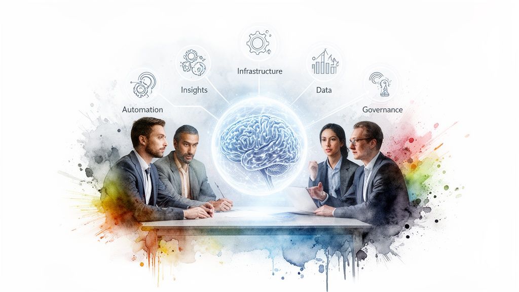 Business professionals discussing strategy around a table with a glowing AI brain and related icons.