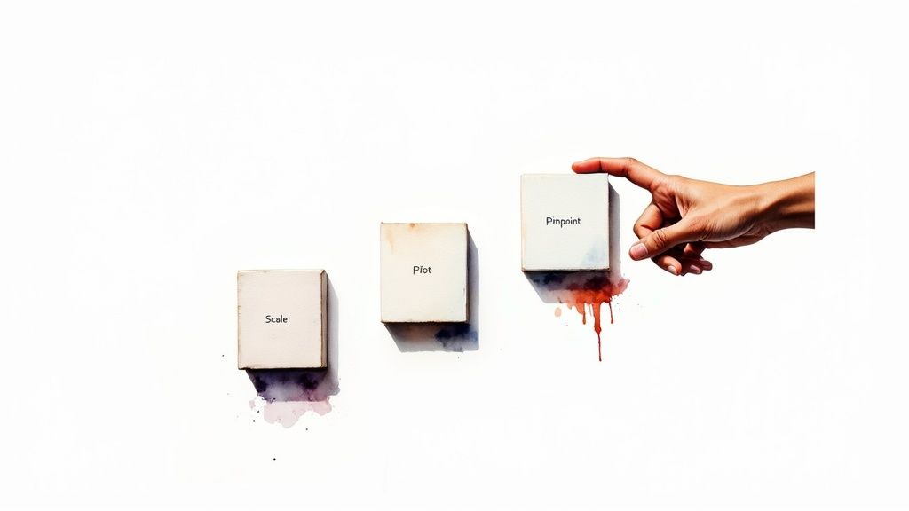 A hand touches a 'Pinpoint' block, with 'Scale' and 'Plot' blocks nearby, showing paint splotches.