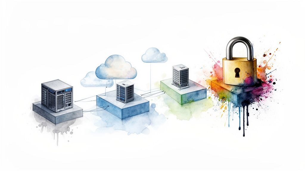 Watercolor illustration showing data servers, cloud computing, a building, and a padlock symbolizing security.