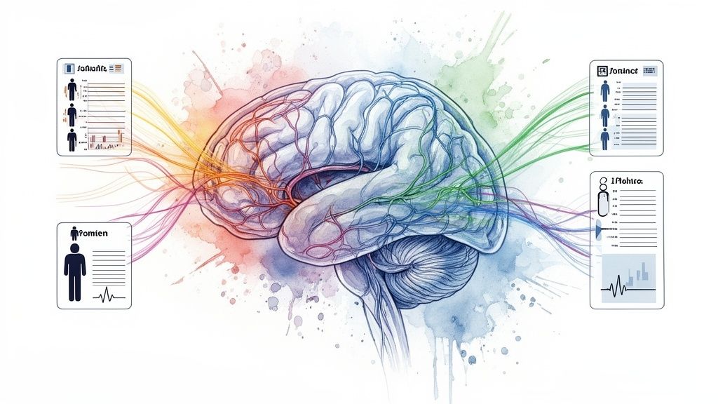Watercolor illustration of a brain connected to multiple data cards, symbolizing healthcare data integration.