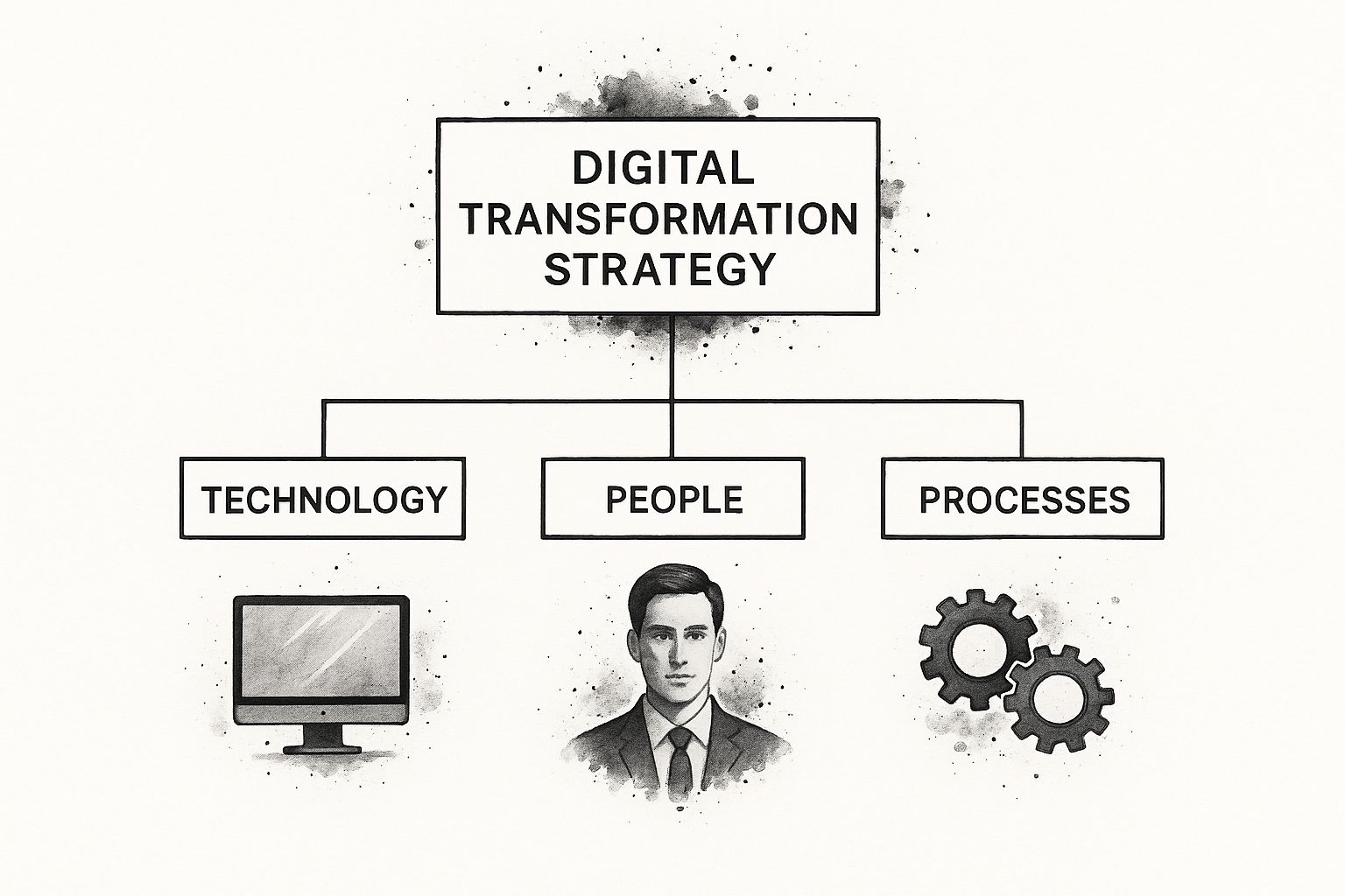Infographic showing a hierarchy diagram with 'Digital Transformation Strategy' at the top, branching down to 'Technology', 'People', and 'Processes'.