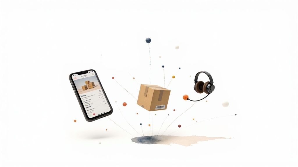 A smartphone, delivery package, and headset symbolizing AI in retail and e-commerce.