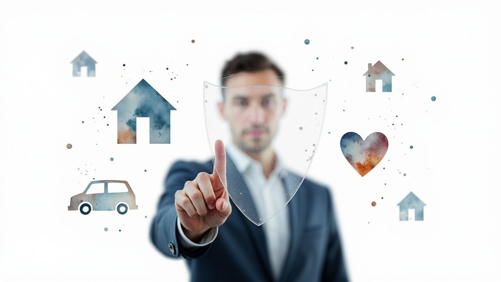 AI in Insurance - Man in a suit pointing to a transparent shield, protecting watercolor icons of house, car, and heart.