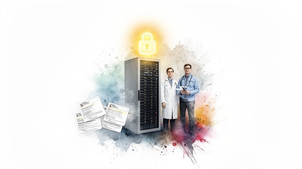 Healthcare professionals secure patient data on a server, protected by a glowing padlock icon.
