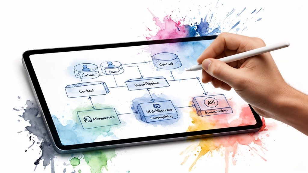 A hand sketches a complex software architecture diagram with CRM elements on a digital tablet.