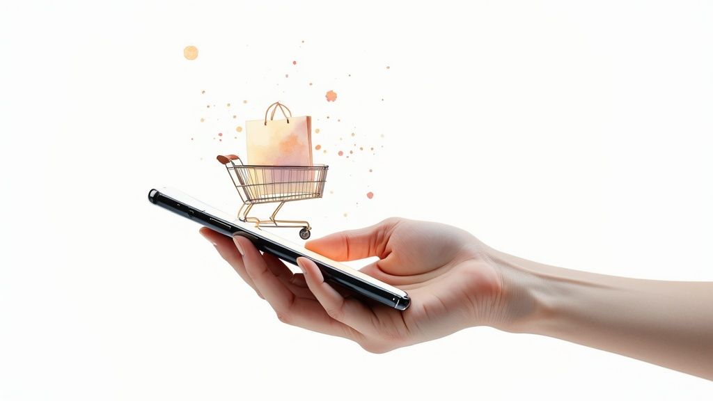 A hand holds a smartphone, with a miniature shopping cart and bag floating above, symbolizing mobile commerce.