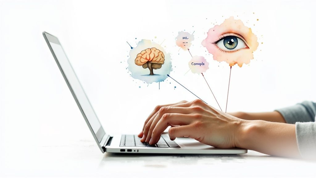 Hands typing on a laptop with abstract watercolor thought bubbles showing a brain and an eye.