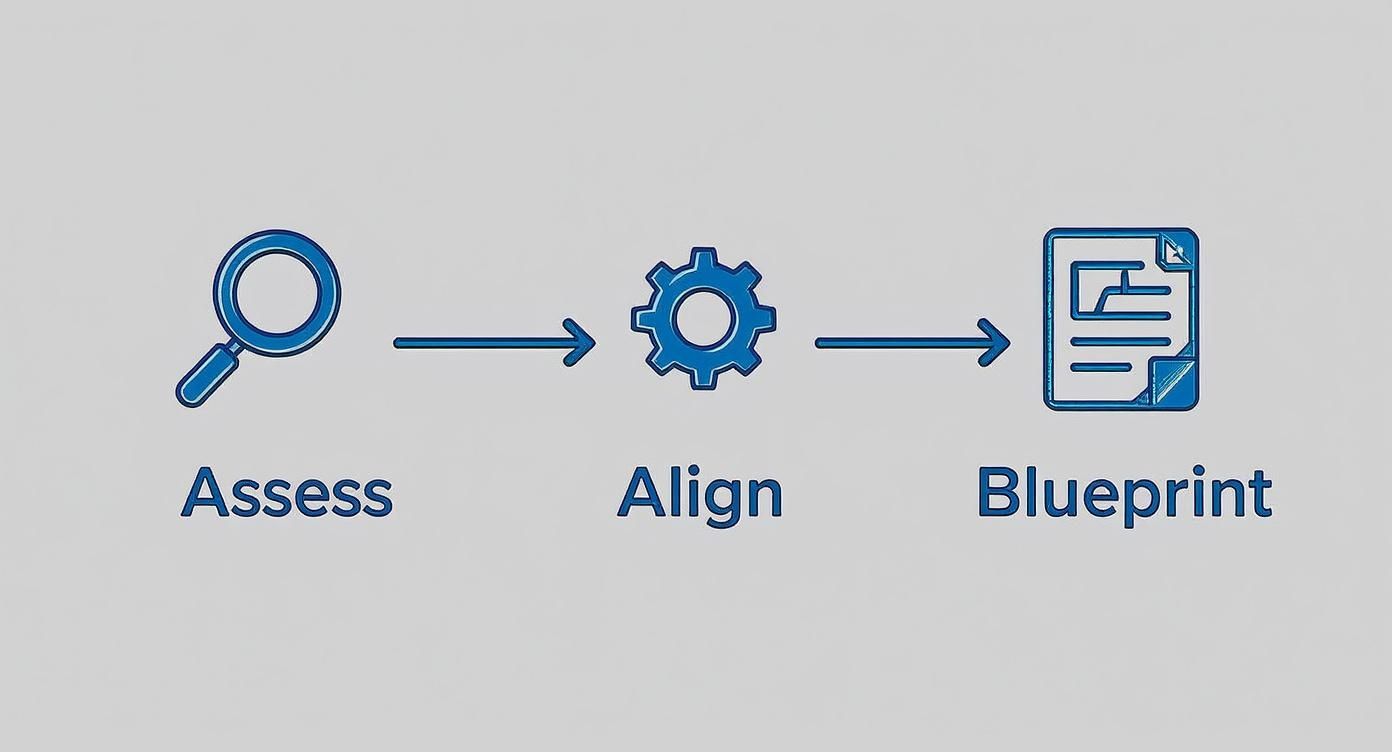 Three-step process workflow diagram showing assess, align, and blueprint stages with icons