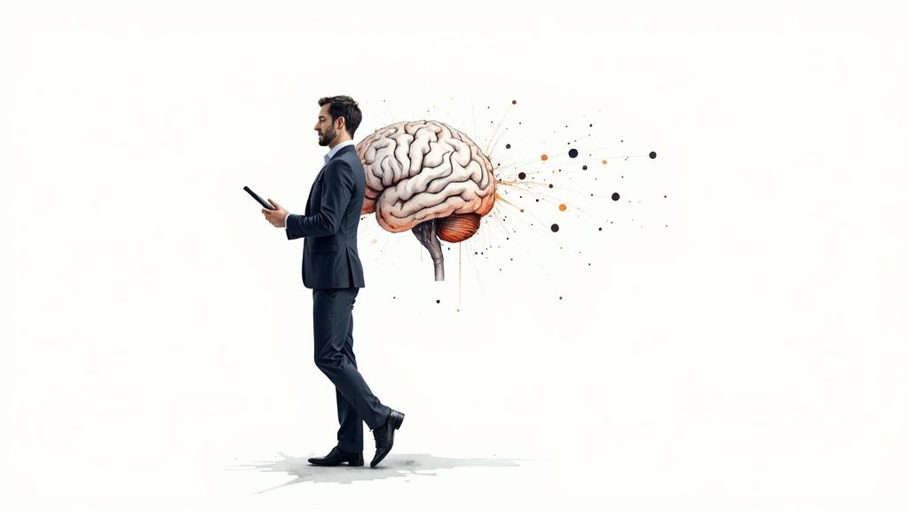 Business professional walking with smartphone while carrying oversized brain illustrating cognitive technology integration