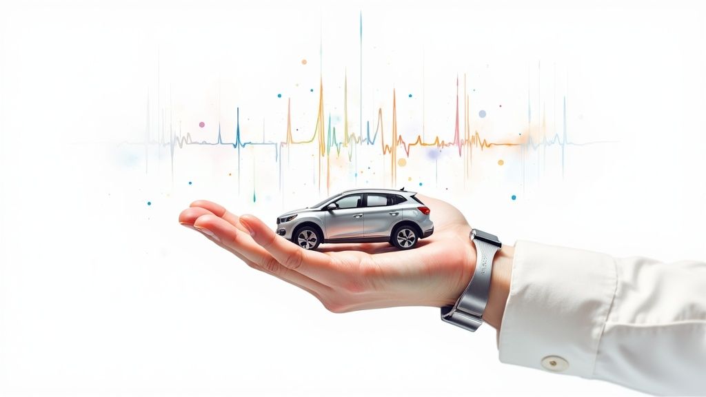 Hand holding a silver toy car with a vibrant pulse graphic, symbolizing automotive health or insurance.