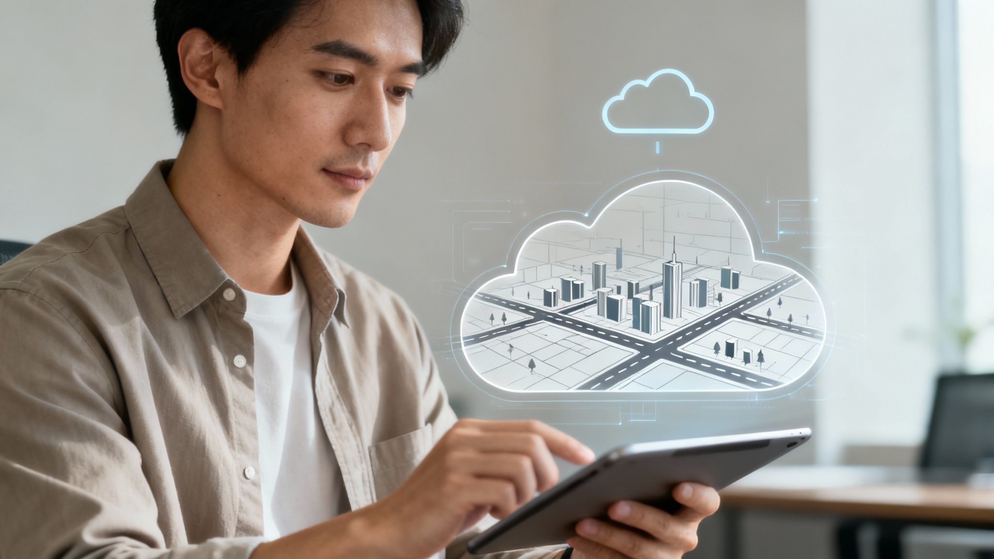 A team of professionals collaborating on a cloud strategy using a digital interface.