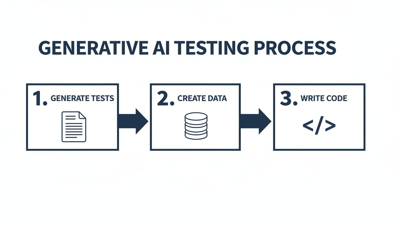 A diagram illustrates the three-step Generative AI Testing Process: 1. Generate Tests, 2. Create Data, and 3. Write Code.