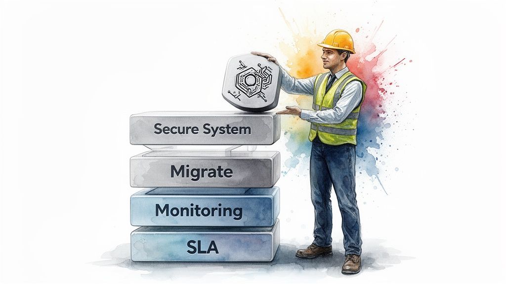 Engineer adding a secure system block to a stack representing tech services and development.