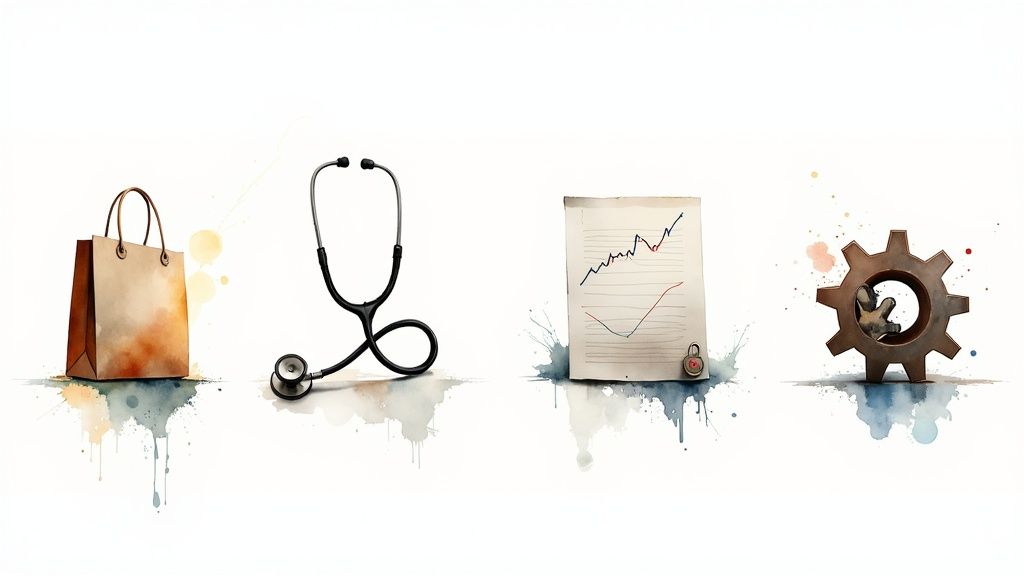 Watercolor icons representing retail, healthcare, finance, and industry on a white background.