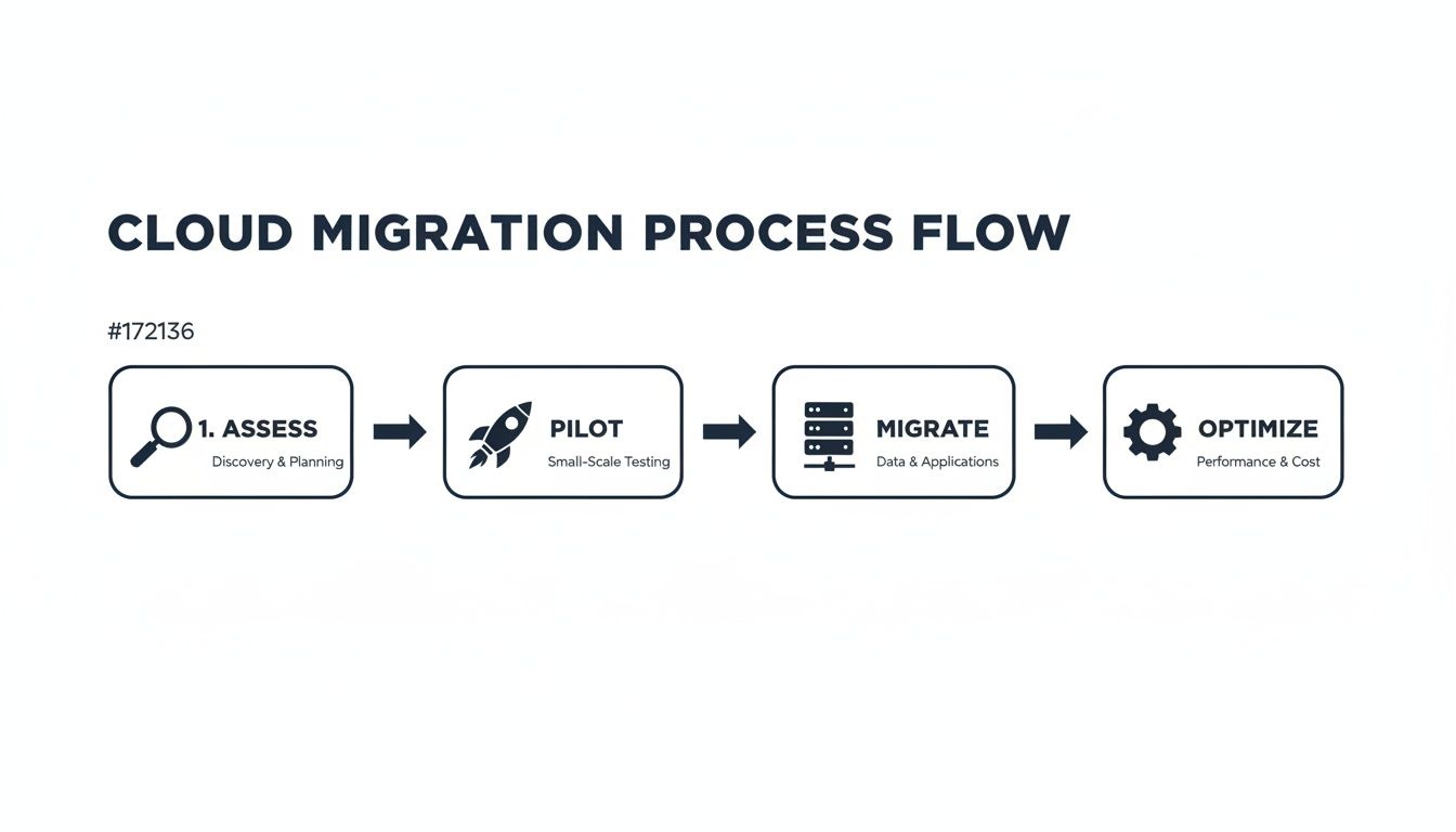 A four-step cloud migration process flow diagram with assessment, pilot, migration, and optimization stages.