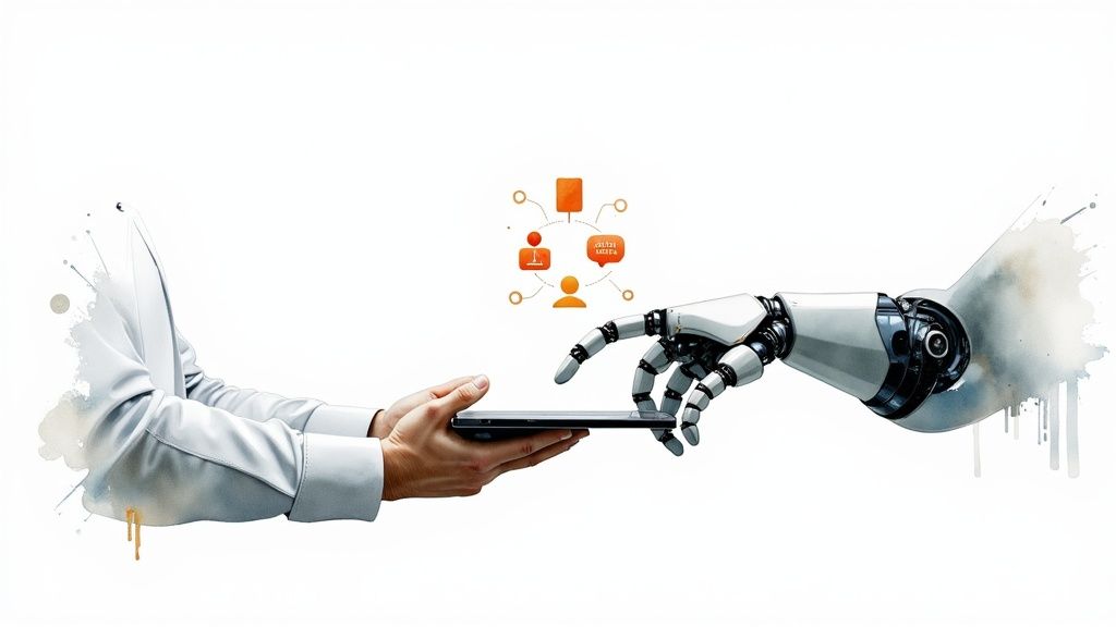 A human hand offers a tablet to a robot hand, illustrating human-AI collaboration with data icons.