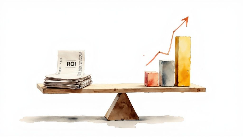 Balance scale showing ROI newspapers and rising growth chart representing business profitability measurement